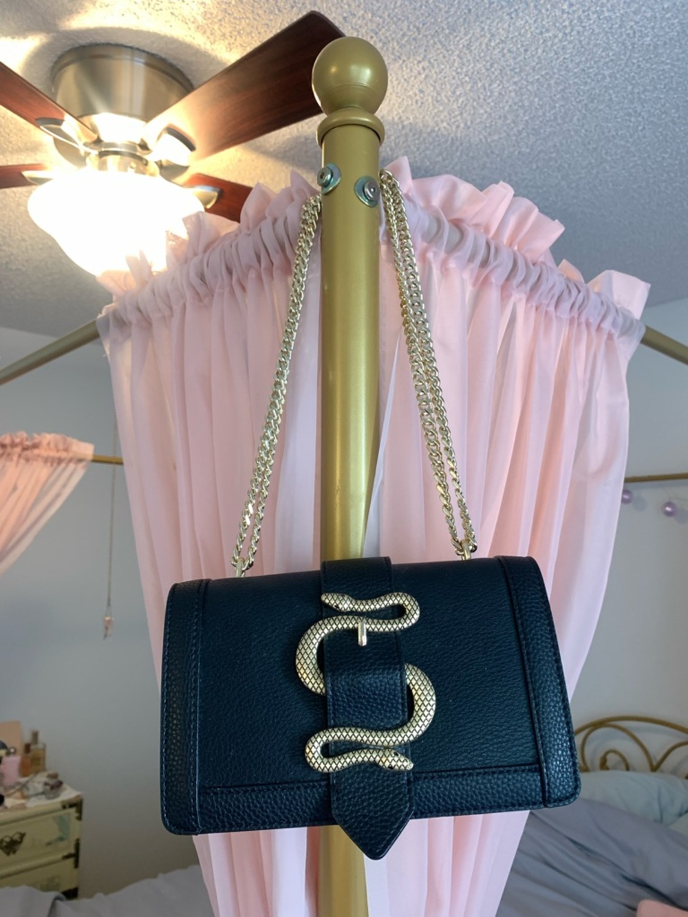 Express Black Crossbody Bag with Gold Snake Accent